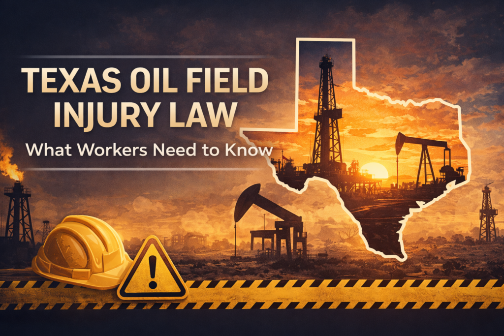 Texas Oil Field Injury Law - What Workers Need to Know, with Texas map outline, pump jacks, and hard hat