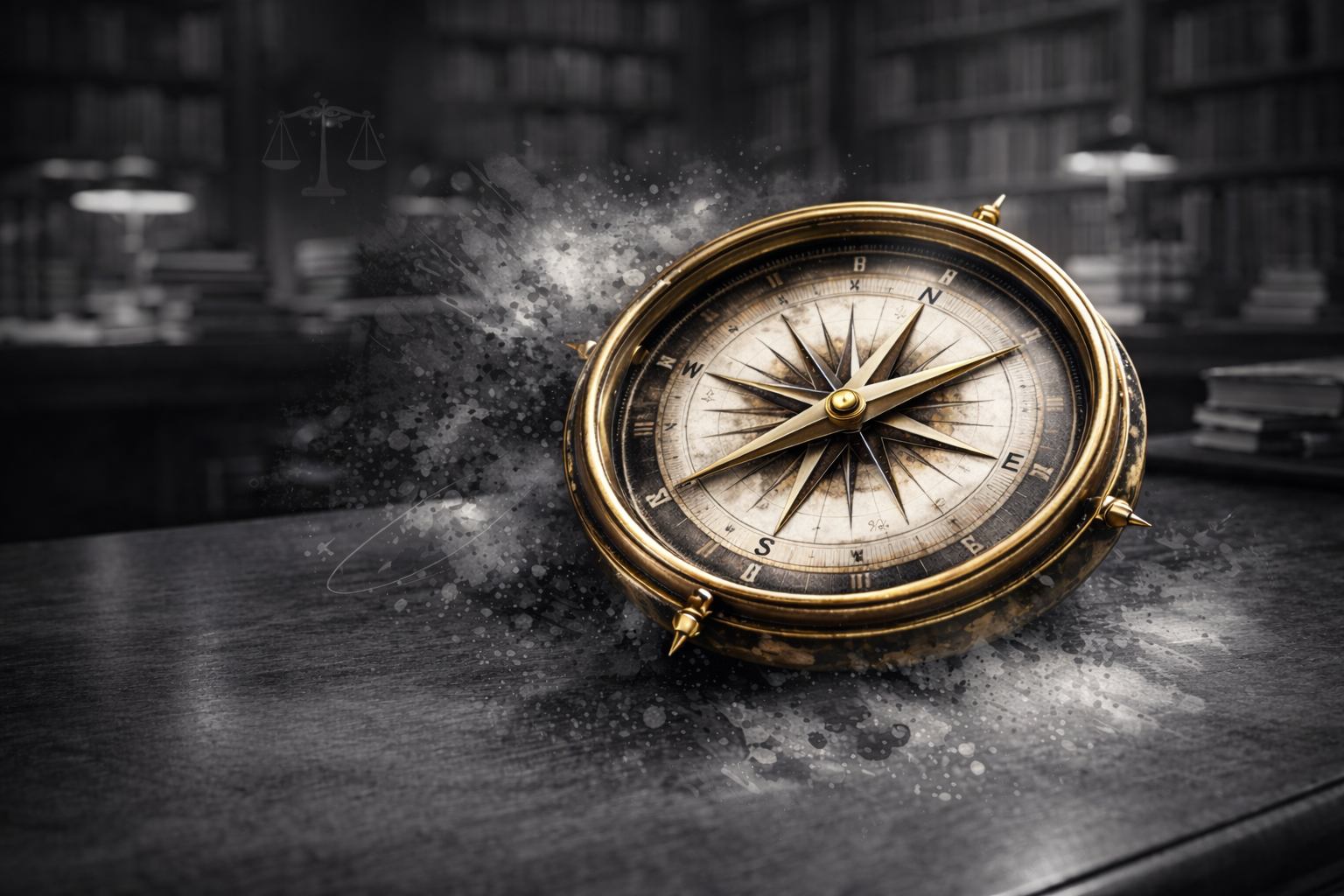 Antique brass compass on a desk in a law office